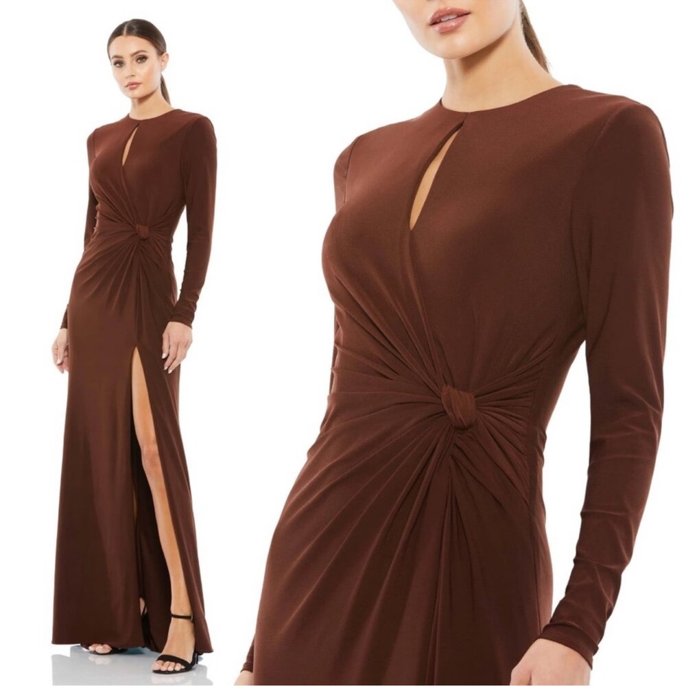 NWOT Mac Duggal Chocolate 55708 Long Sleeve Keyhole Draped  Jersey Maxi Gown 2 - Picture 2 of 8